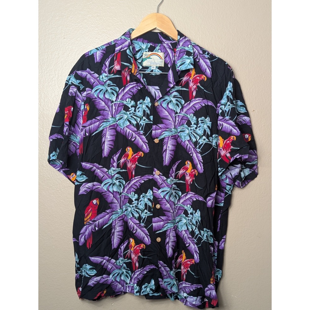 Paradise Found Button Down Men XL Black Purple Hawaiian Parrot Tropical Rayon